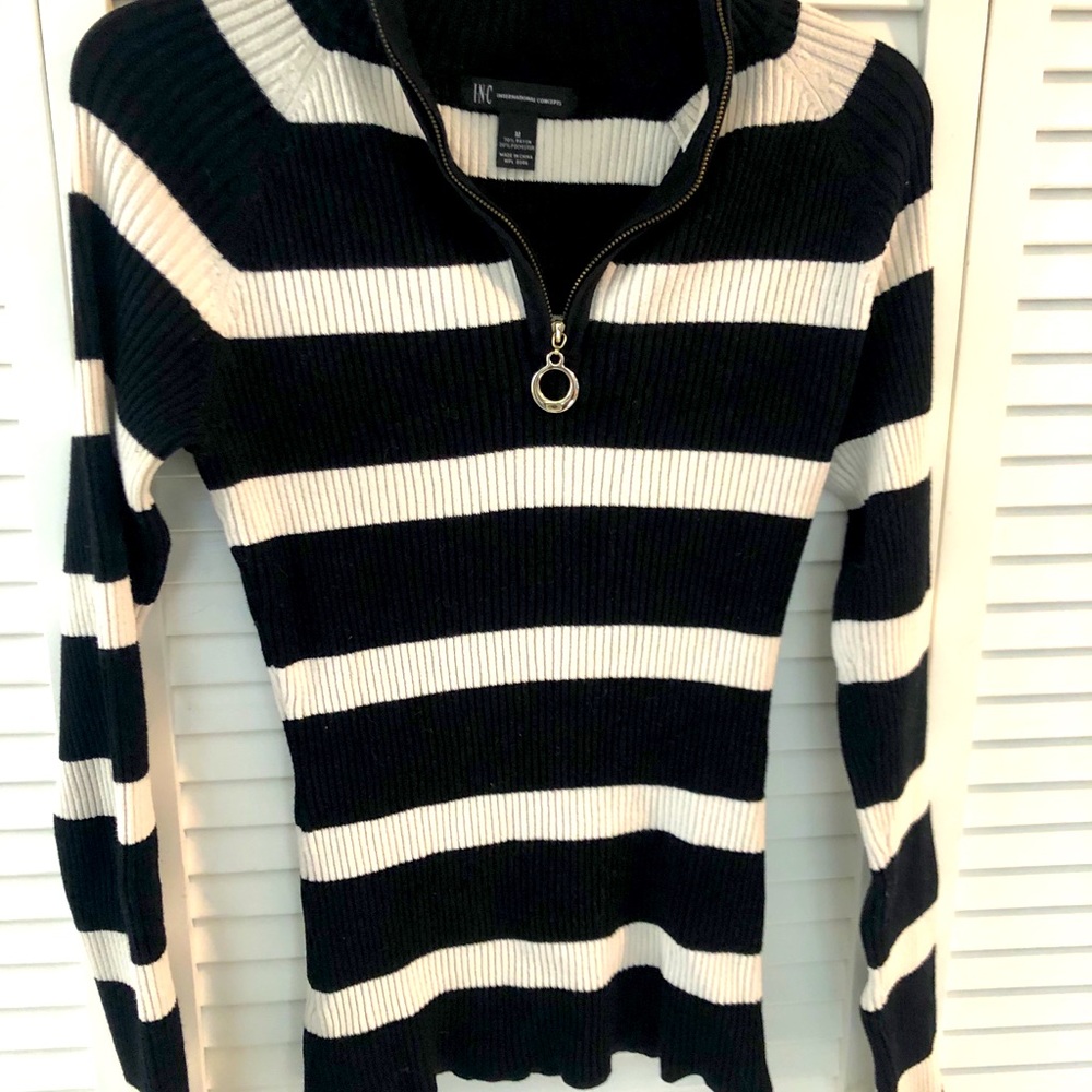 INC black and white striped zip turtle neck